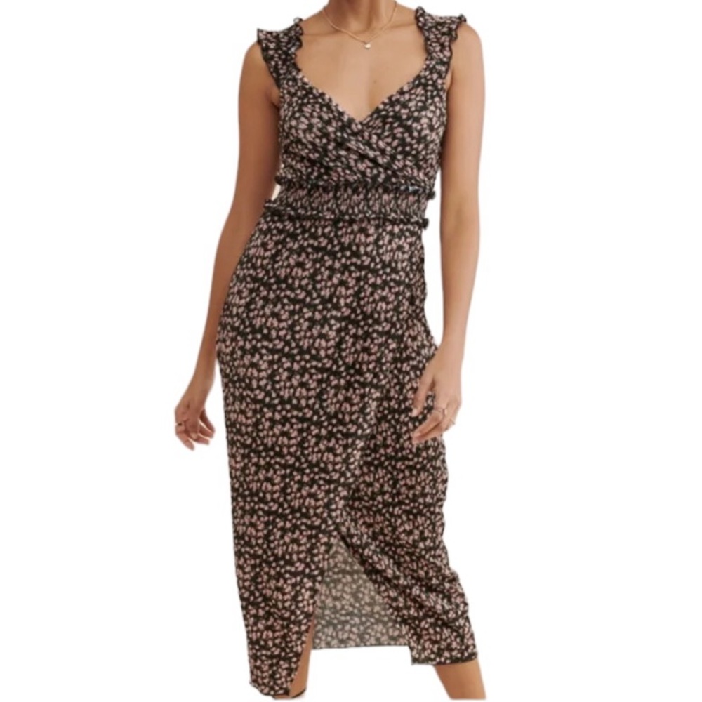 Saylor "Claudette" Black with Pink Ditsy Floral Wrap Style Midi Dress S